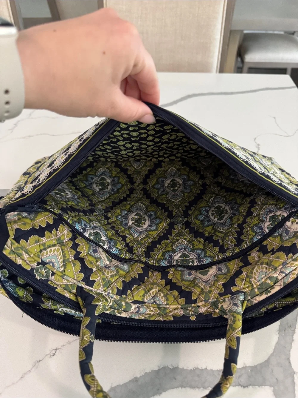 Vera Bradley Olive Green Quilted Laptop Tote with Navy Pattern